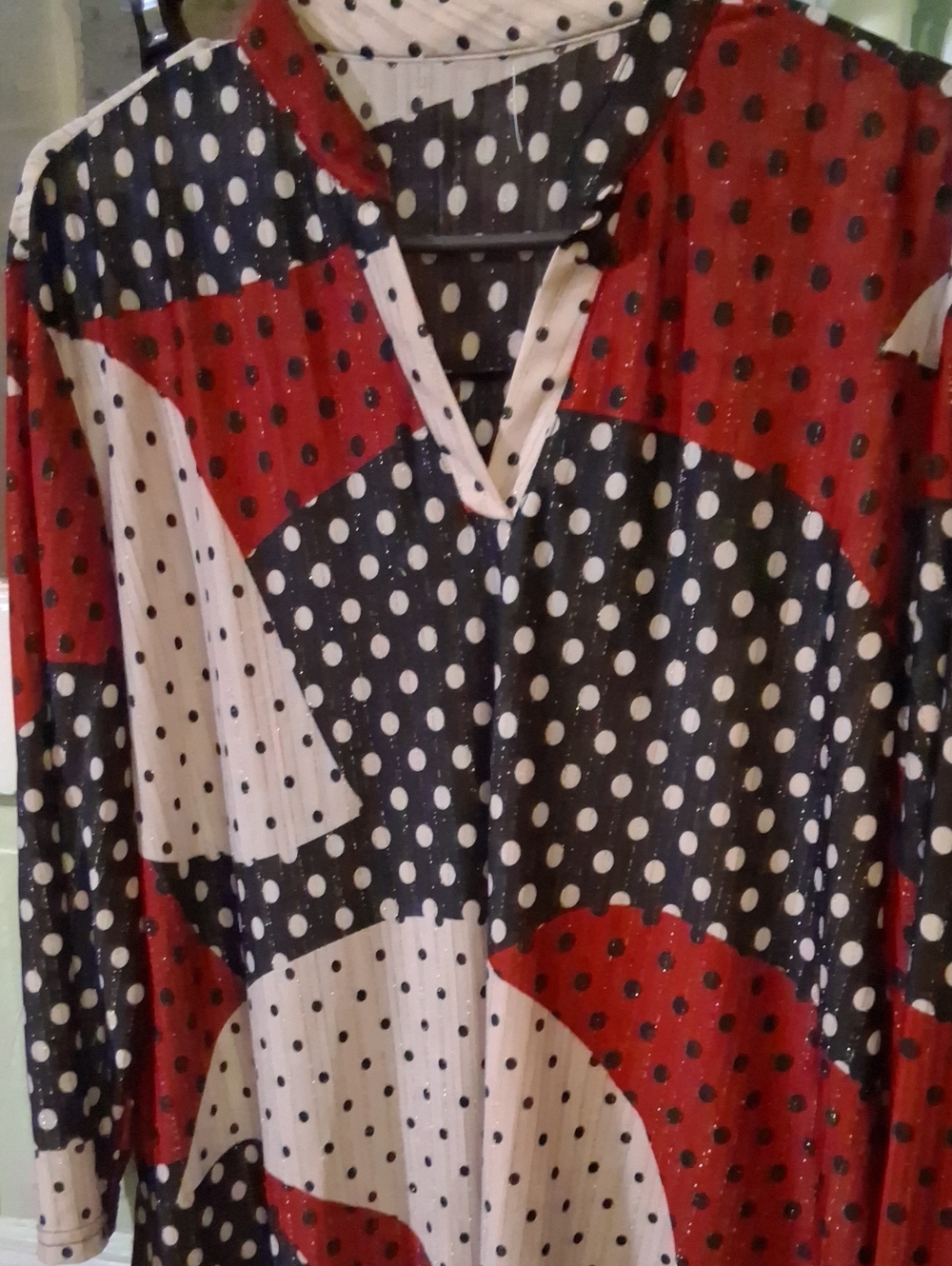 Polka Dot Patchwork V-Neck Women’s Top in Red, Black & White